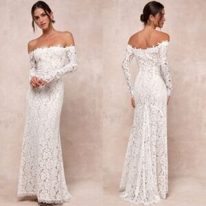 Lulus Romance Dreamer White Lace Off-the-Shoulder Maxi Dress S Wedding Bridal